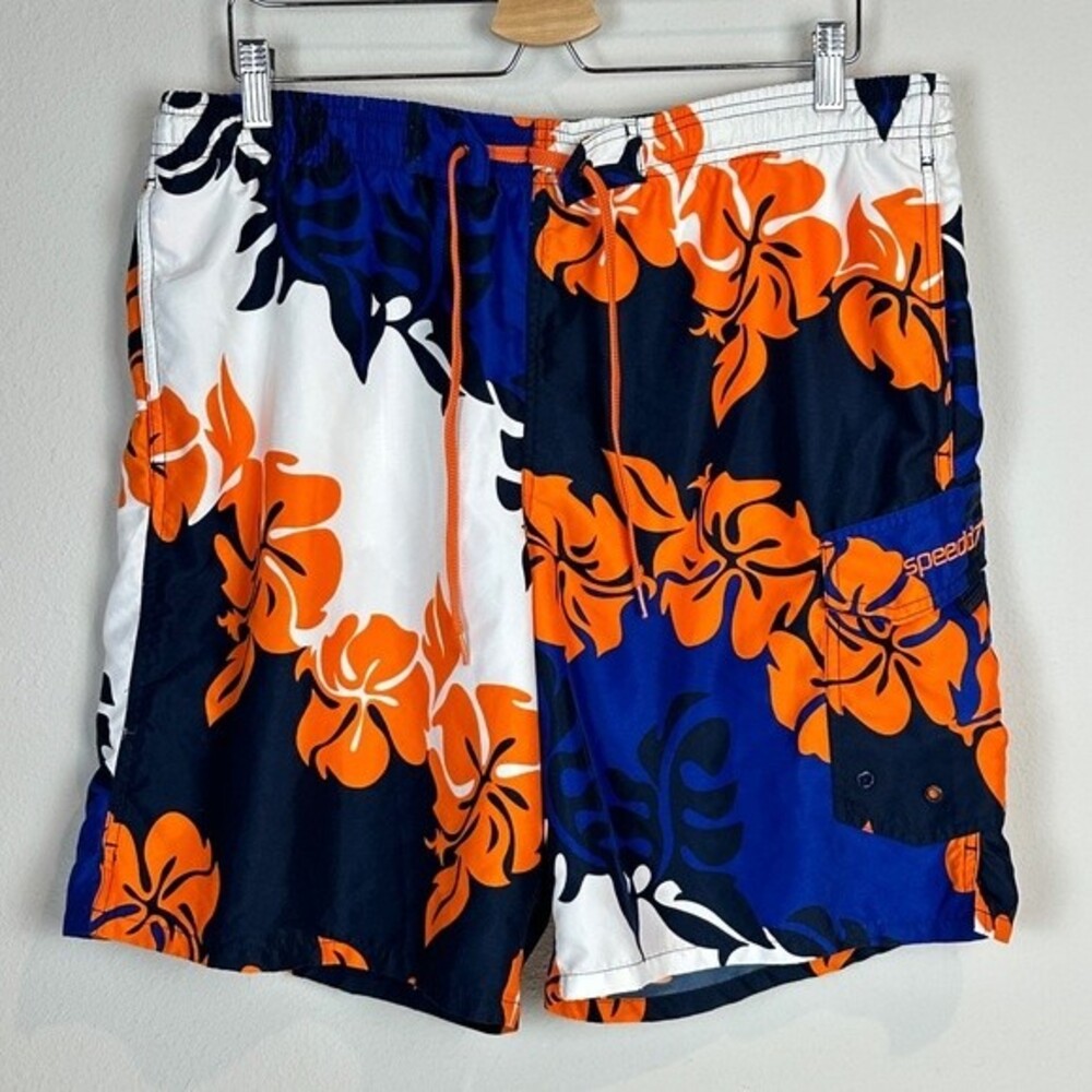 Speedo Hawaiian Print Swim Trunks Orange Blue M